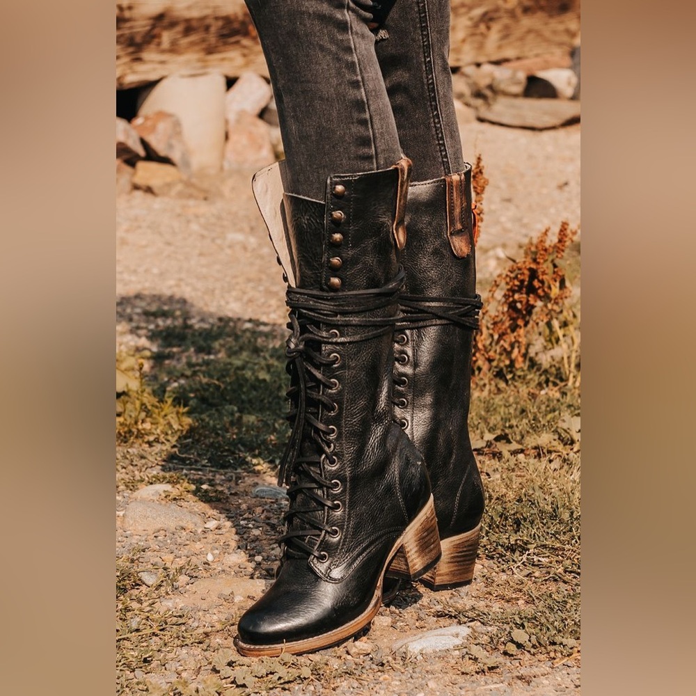 freebird Black Lace-Up Mid-Calf Leather Boots with Wooden Heel